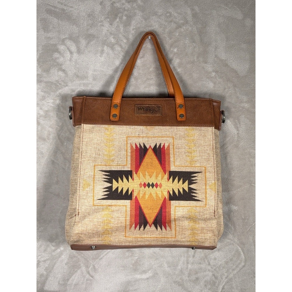 Wrangler Aztec Tote Bag Womens Tan Southwestern Canvas Leather Crossbody Western